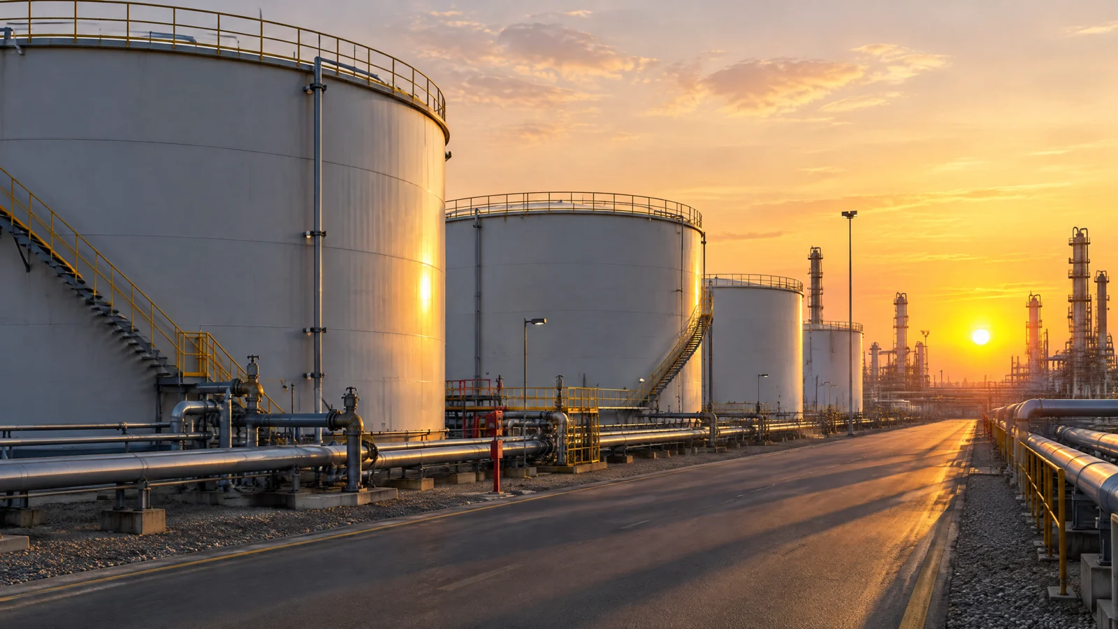 Conceptual illustration of reserve oil-storage tanks and refinery piping.
