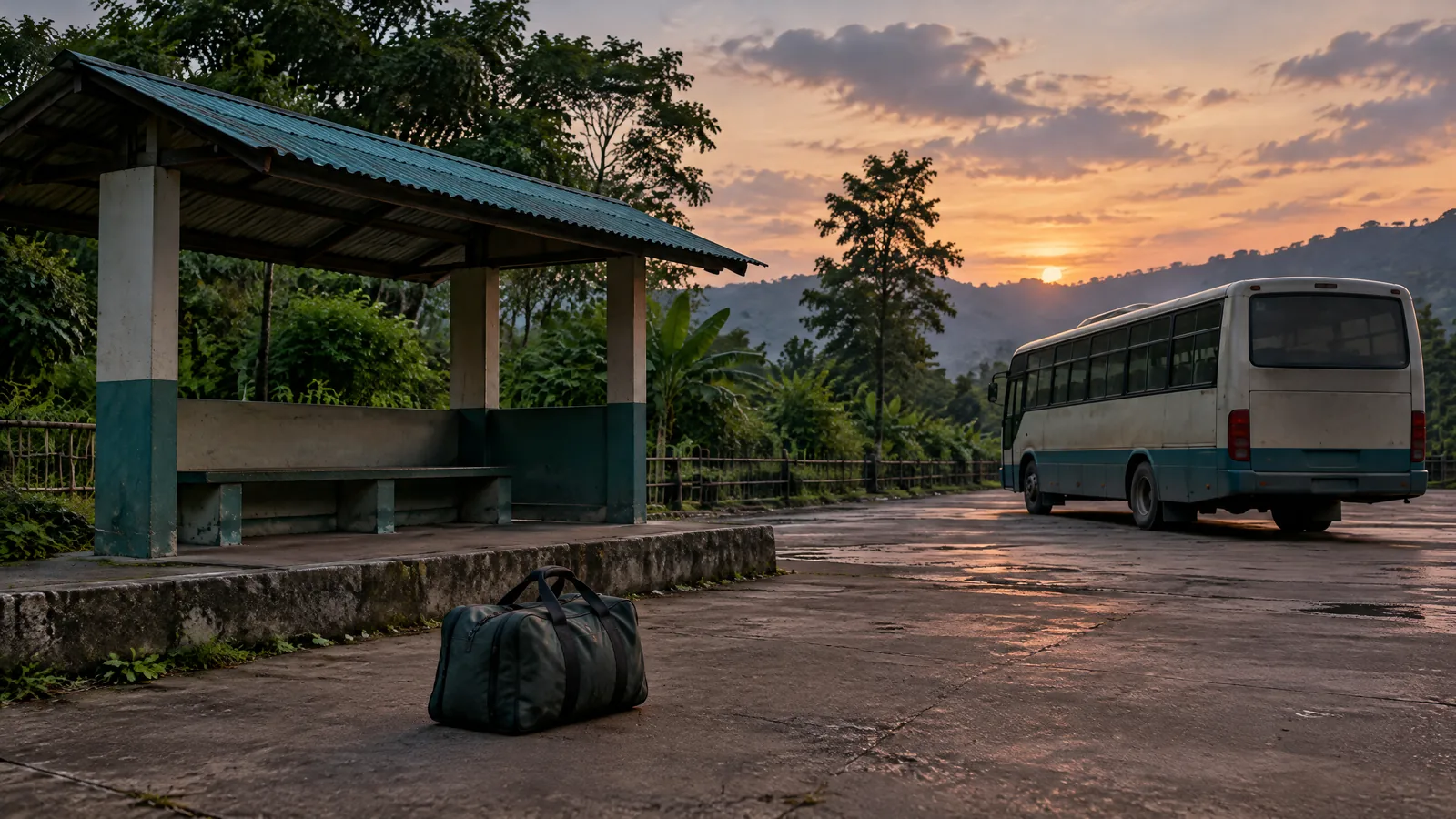 Conceptual illustration of an empty bus shelter, bus and luggage; not a photograph of the reported detention.