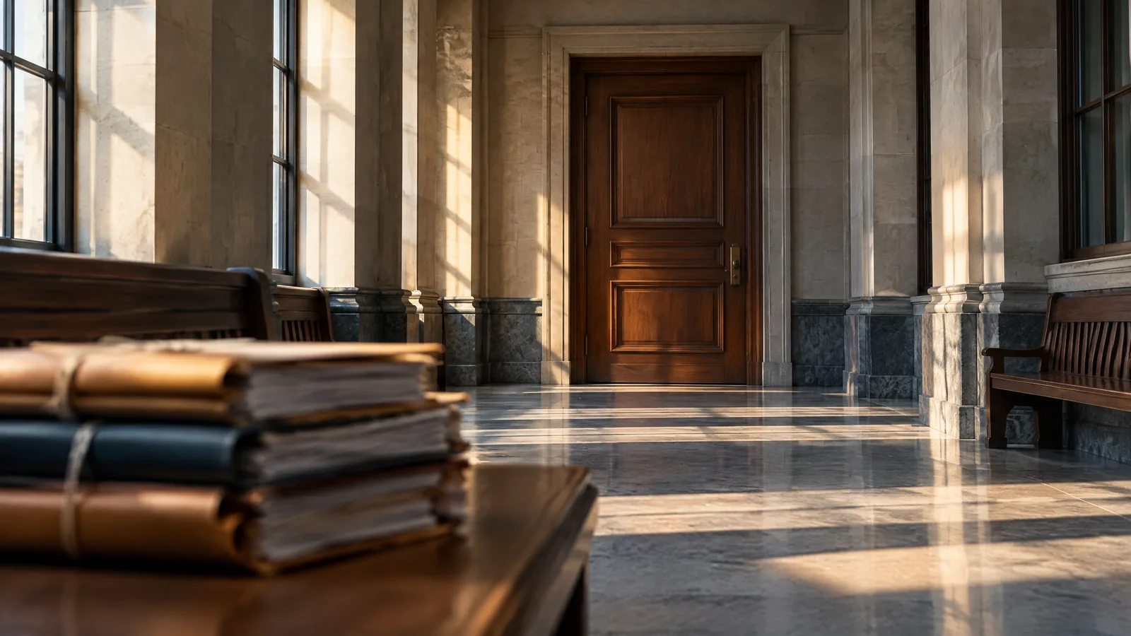 Conceptual illustration of a quiet courthouse corridor and legal files; no court decision is depicted.