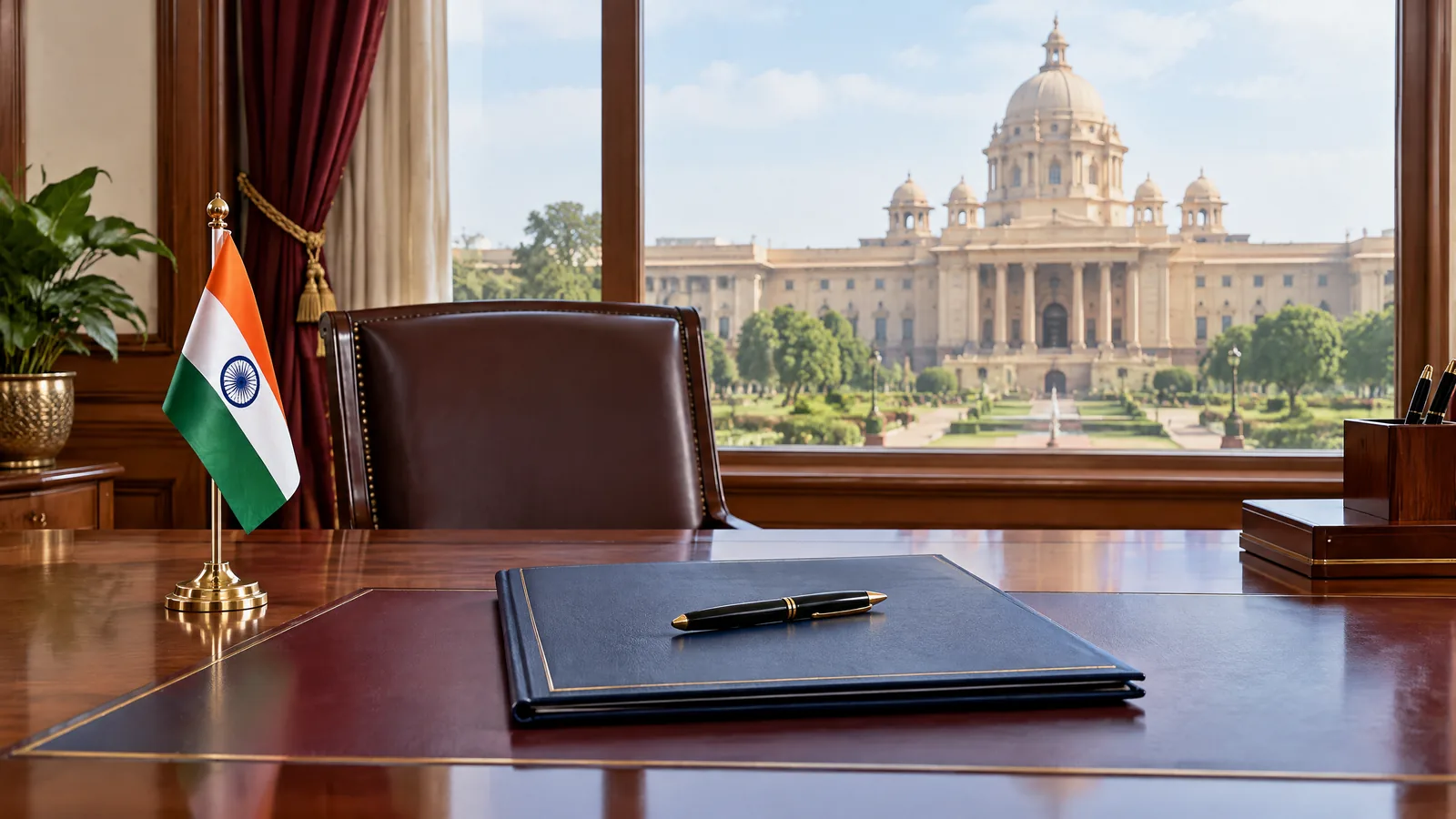 Conceptual illustration of an empty government-office desk and building; not a photograph of an appointment ceremony.