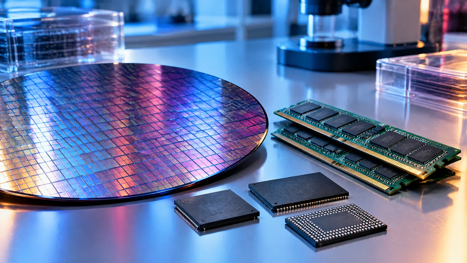 Conceptual illustration of generic semiconductor wafers and memory modules; not an actual Micron or CXMT product photograph.