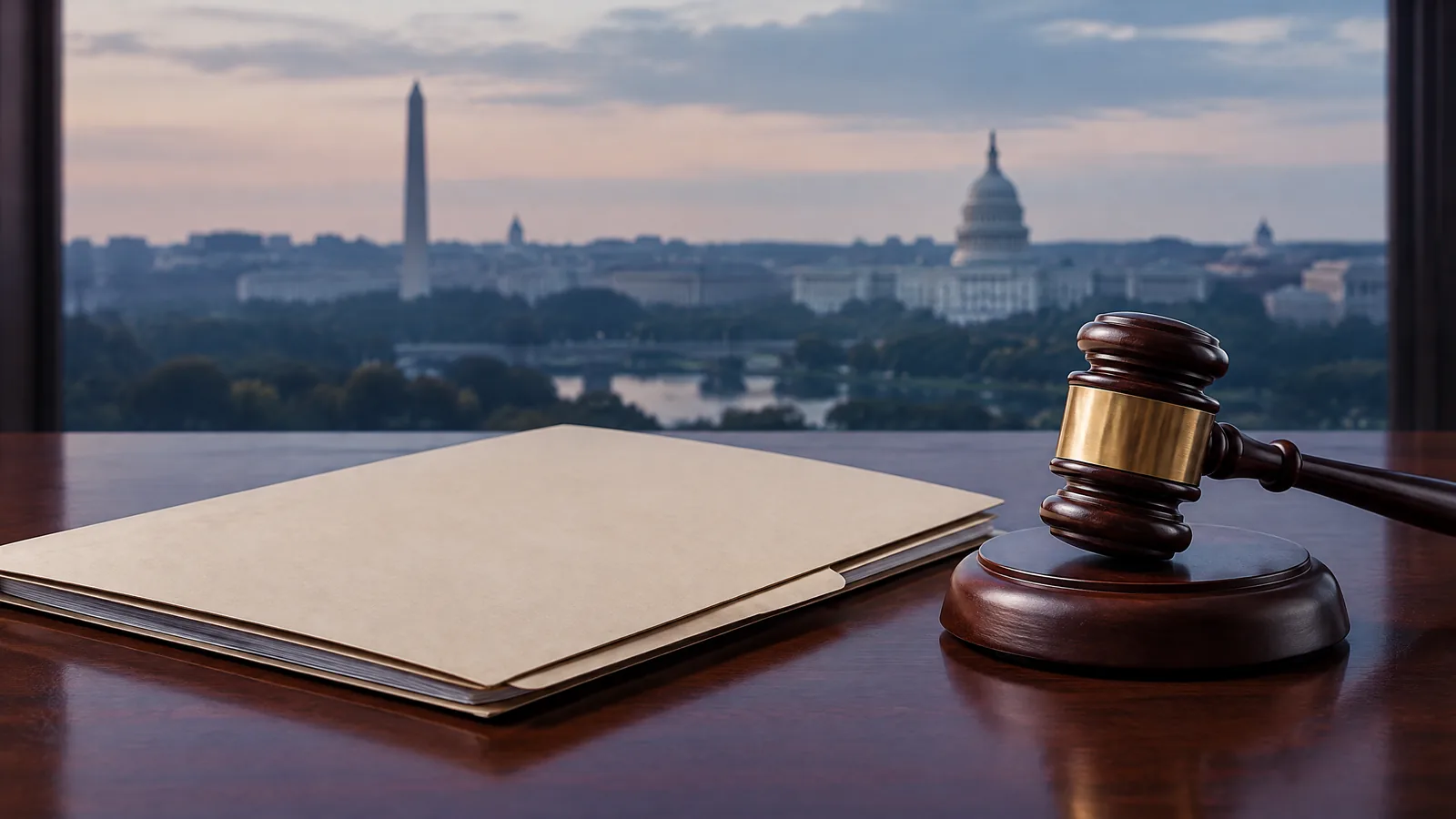 Conceptual illustration of legal files and a gavel with the Washington skyline; not a photograph of the reported search.