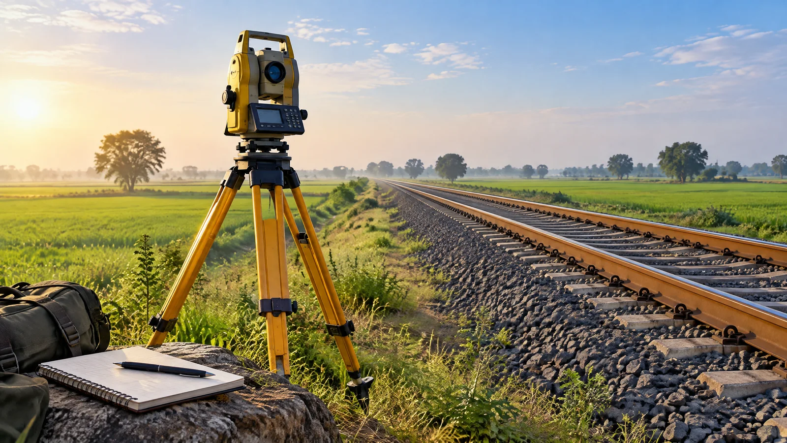 Conceptual railway-survey illustration with surveying equipment beside railway tracks and farmland.