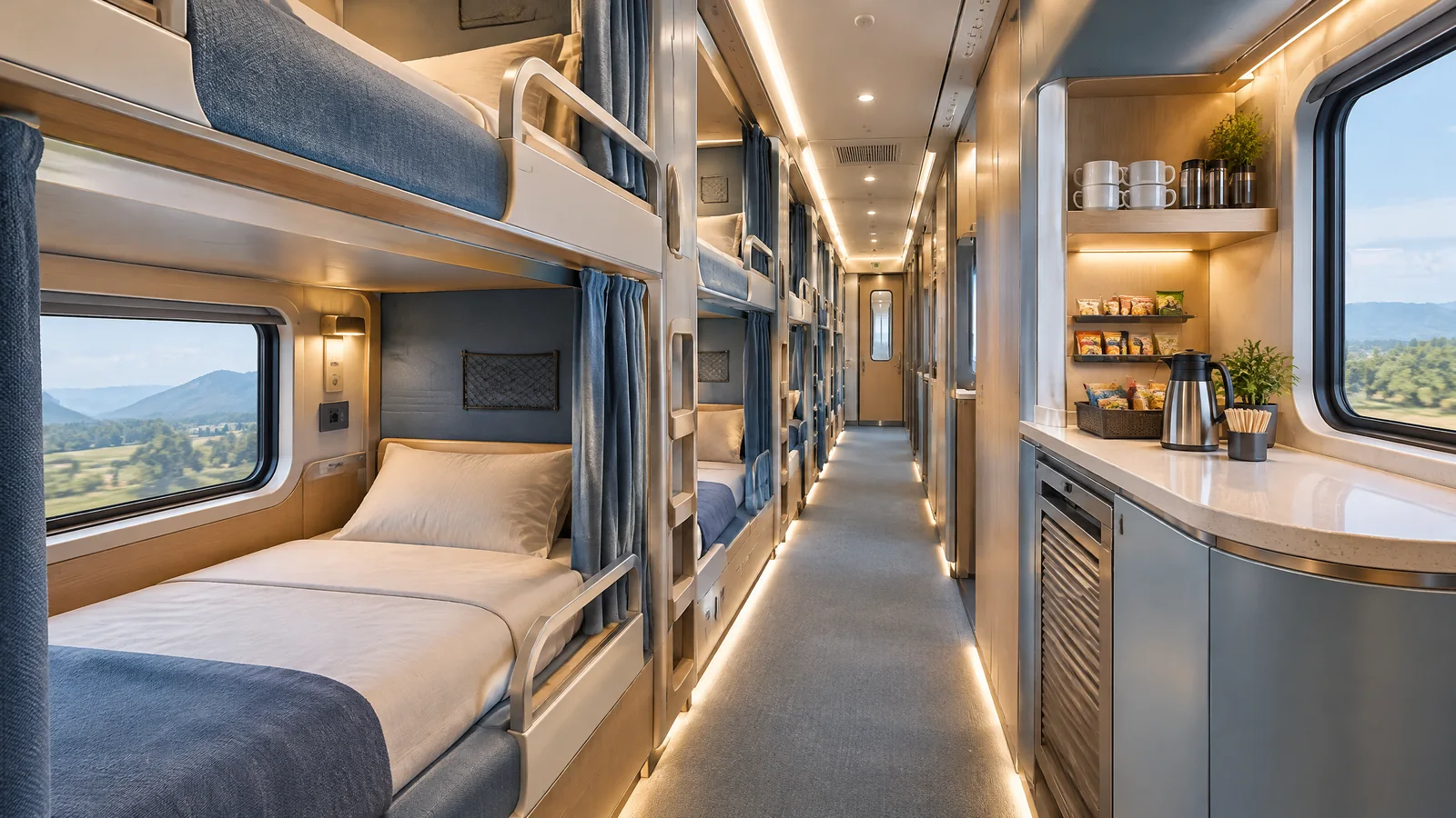 Conceptual rendering of sleeping berths and a pantry area, not an official Vande Bharat coach design.