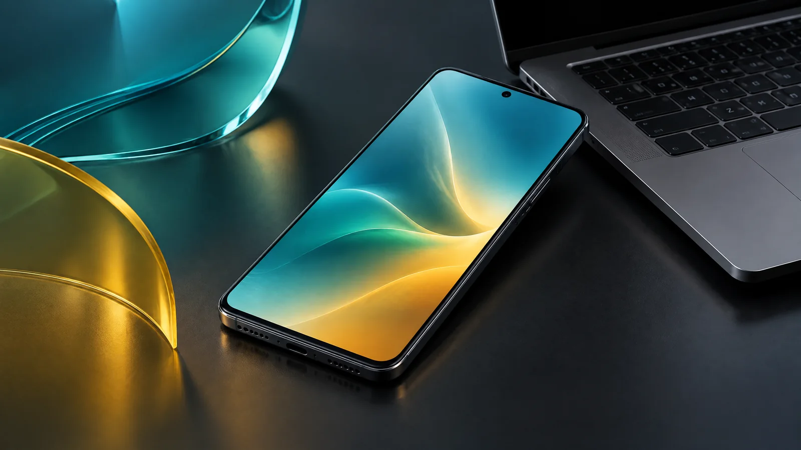 Conceptual smartphone illustration with abstract teal and yellow gradients, not an actual ColorOS interface.