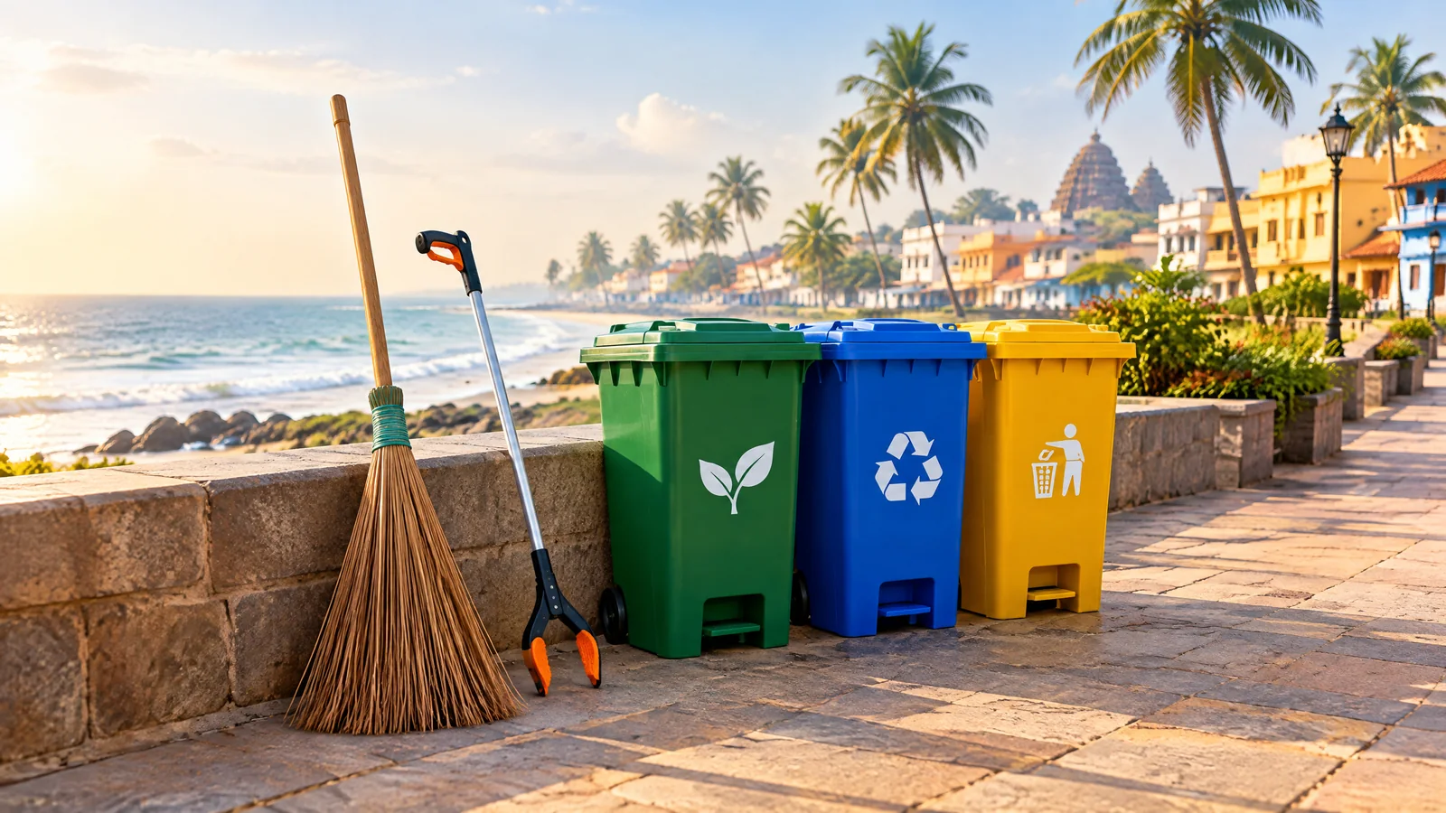 Conceptual civic-cleanliness illustration with a broom, litter picker and bins on a coastal-town pavement.