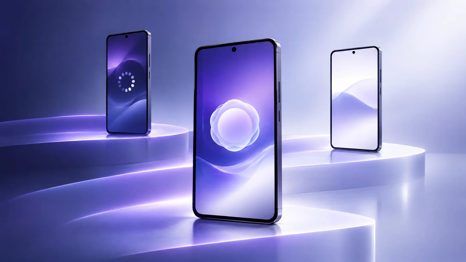 Conceptual illustration of generic smartphones arranged on stepped platforms, not an actual OriginOS interface.