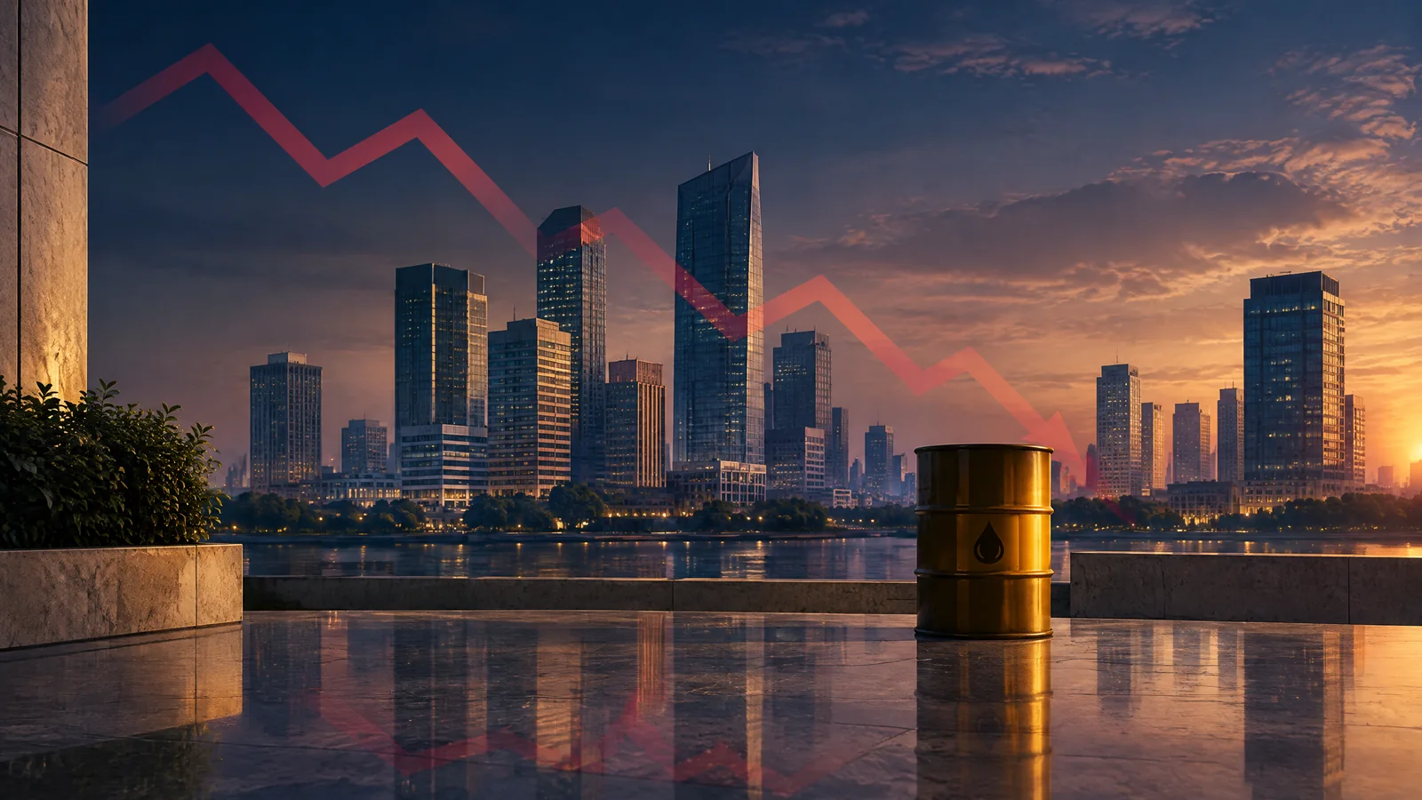 Original conceptual artwork of a quiet Indian financial district with an abstract red market motif and oil barrel silhouette; not a measured chart or actual-session photograph.