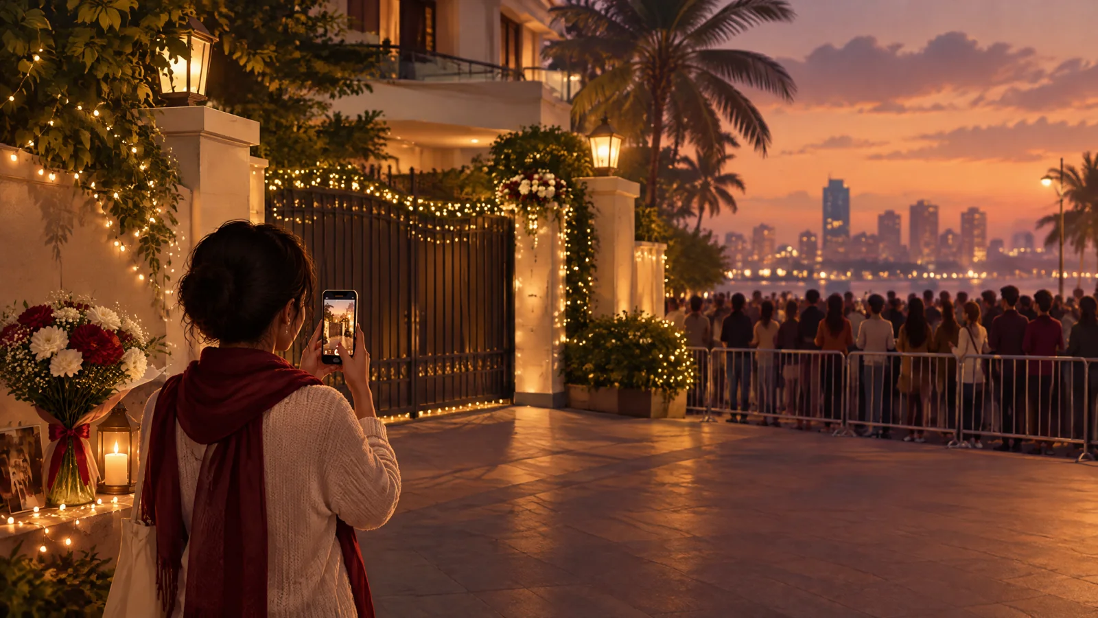 Neutral illustration of a fan gathering outside a Mumbai residence with an abstract security boundary