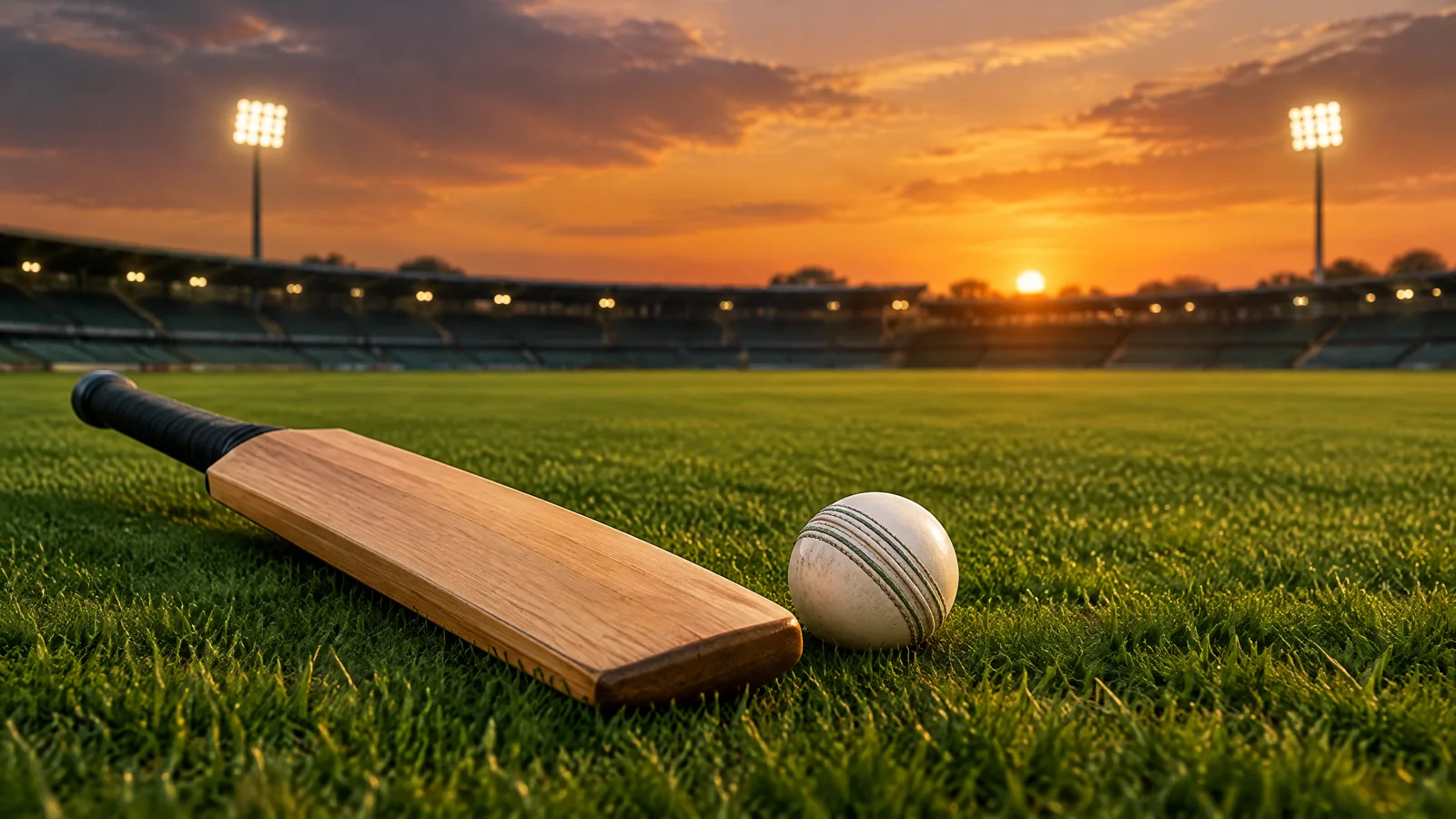 A generic cricket bat and white ball on a softly lit stadium outfield at dusk