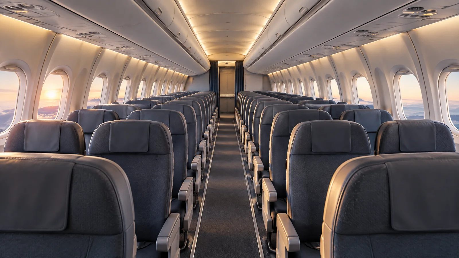 Empty airplane cabin aisle in soft morning light, symbolizing a developing flight incident report.