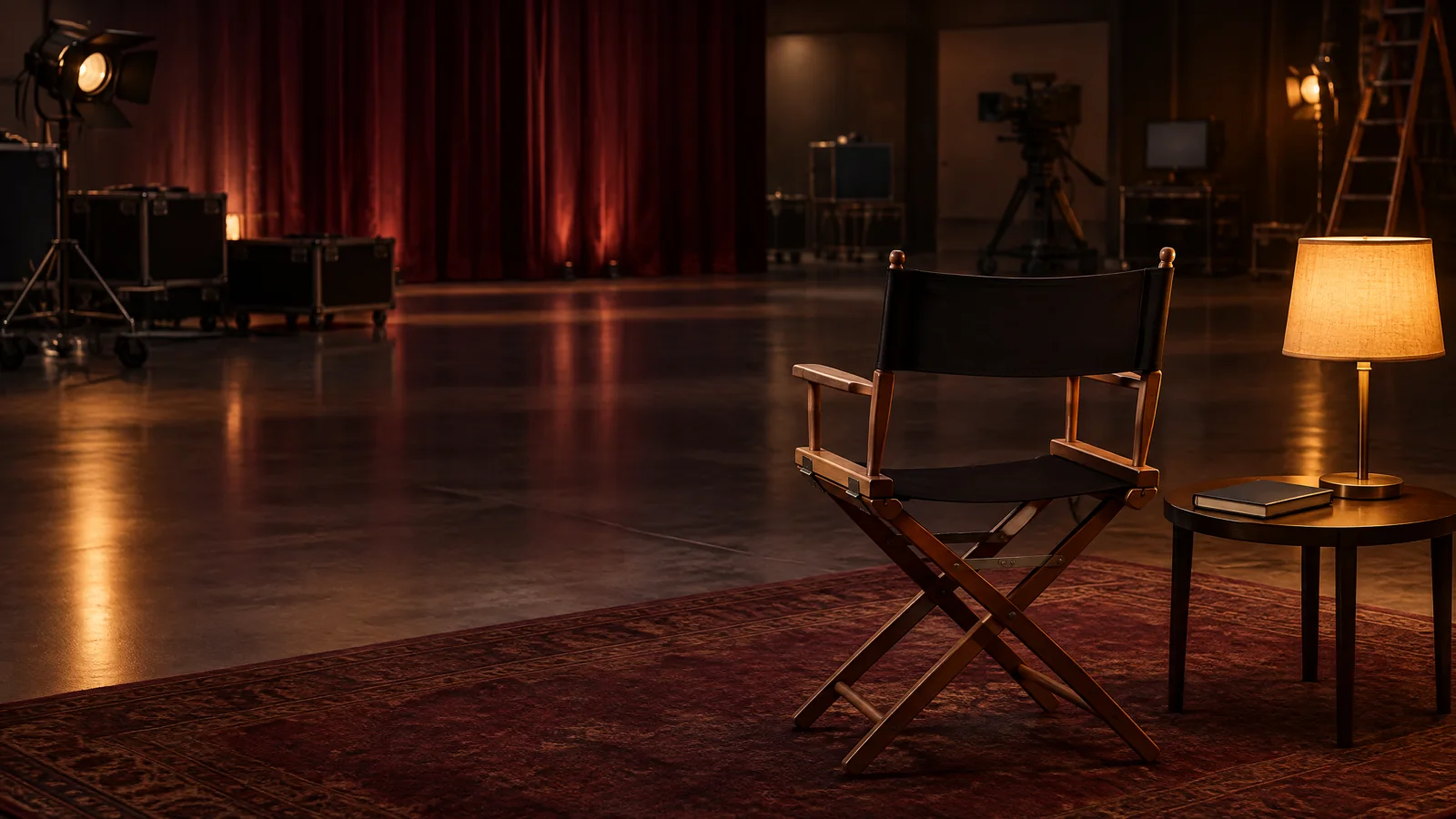 Empty television soundstage with a chair and warm light representing an actor’s screen legacy and disability advocacy