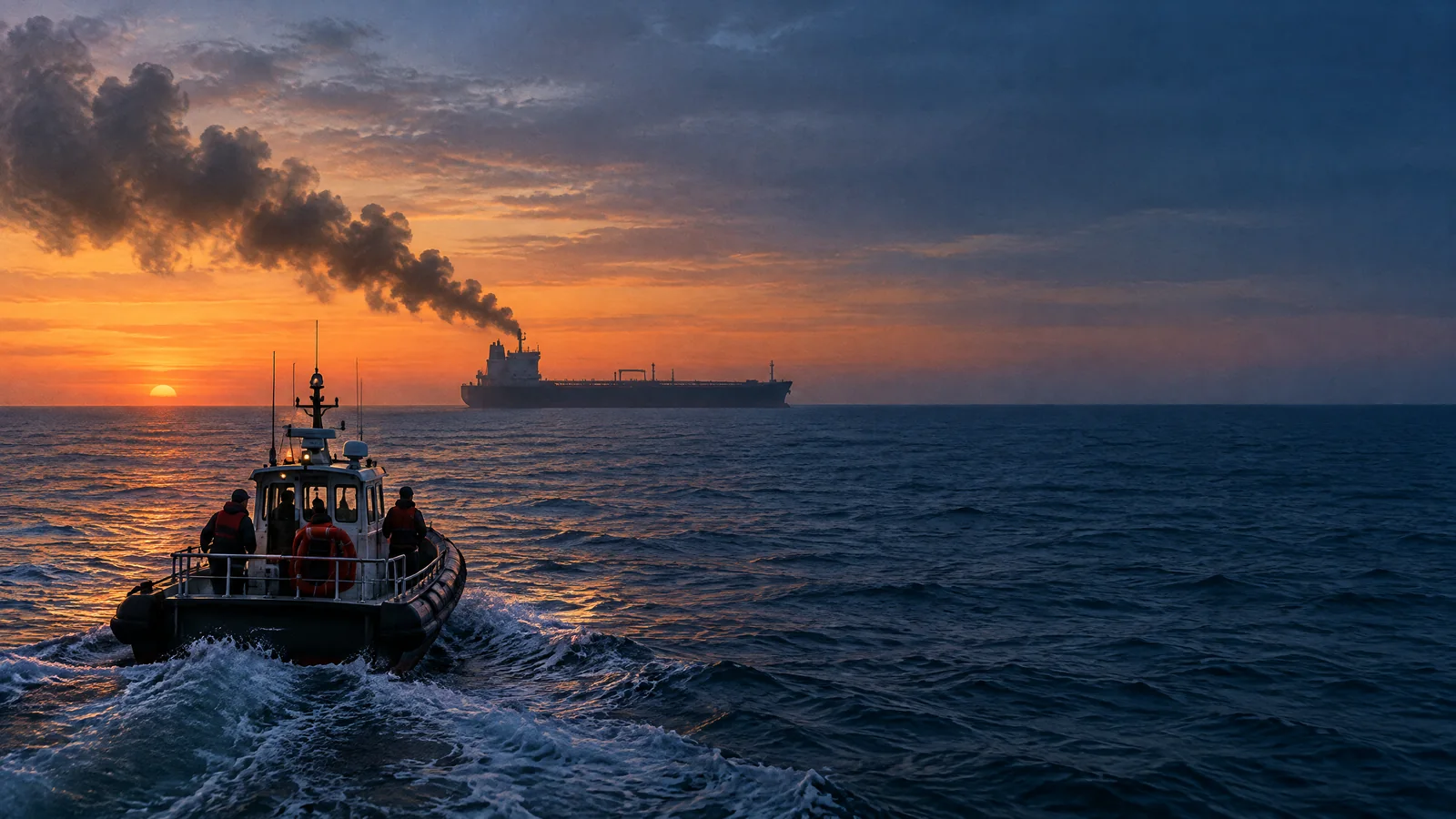 Conceptual illustration of a tanker offshore at dusk with a rescue vessel nearby; not a photograph of the Aframax Rio incident
