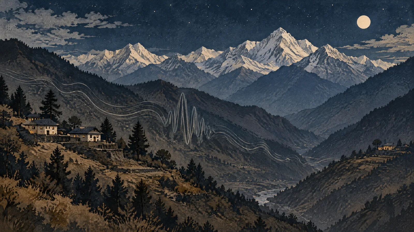 Conceptual illustration of a mountain landscape with a seismic waveform; not a photograph of the Chamoli earthquake