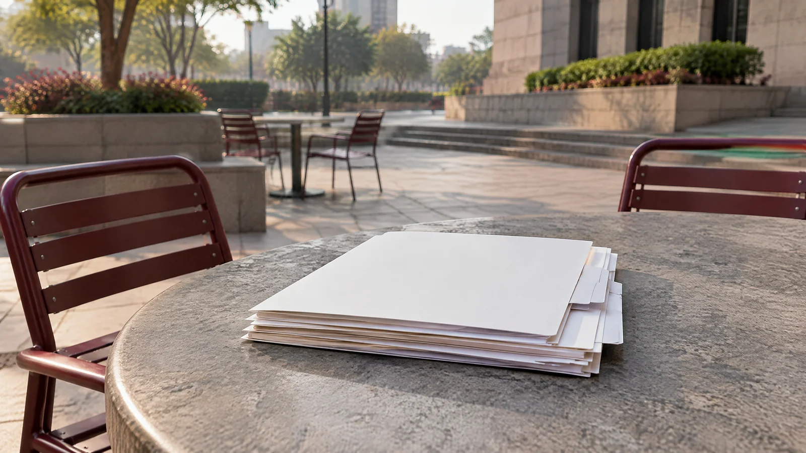 Realistic conceptual scene with blank folders on a stone table and empty chairs in a generic plaza