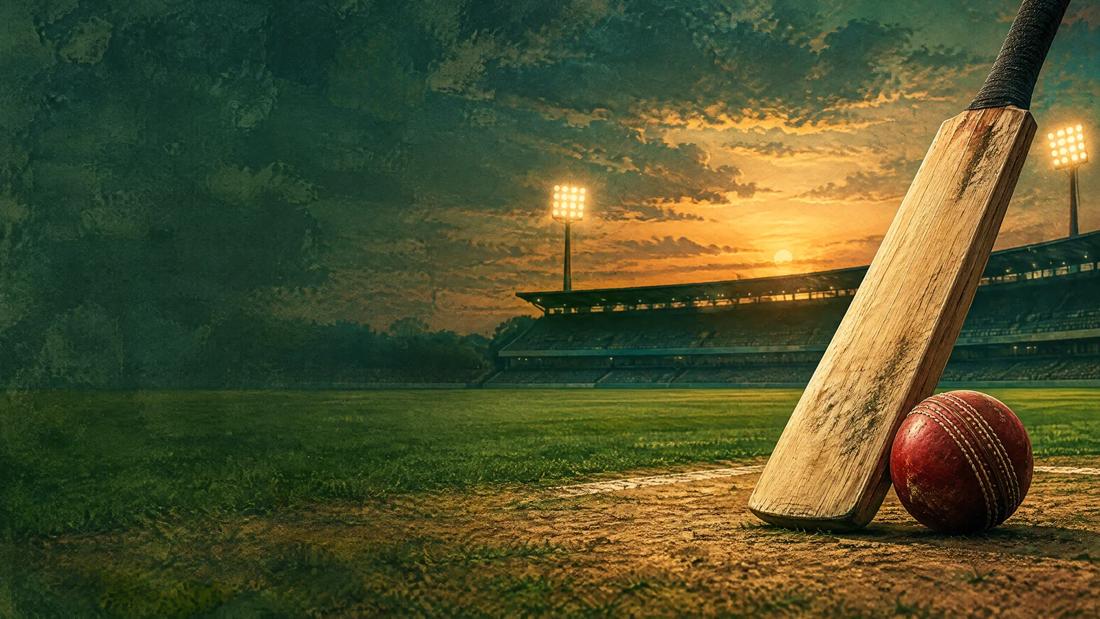 Conceptual illustration of a cricket bat, ball and stadium lights; not match photography from the India–West Indies T20I