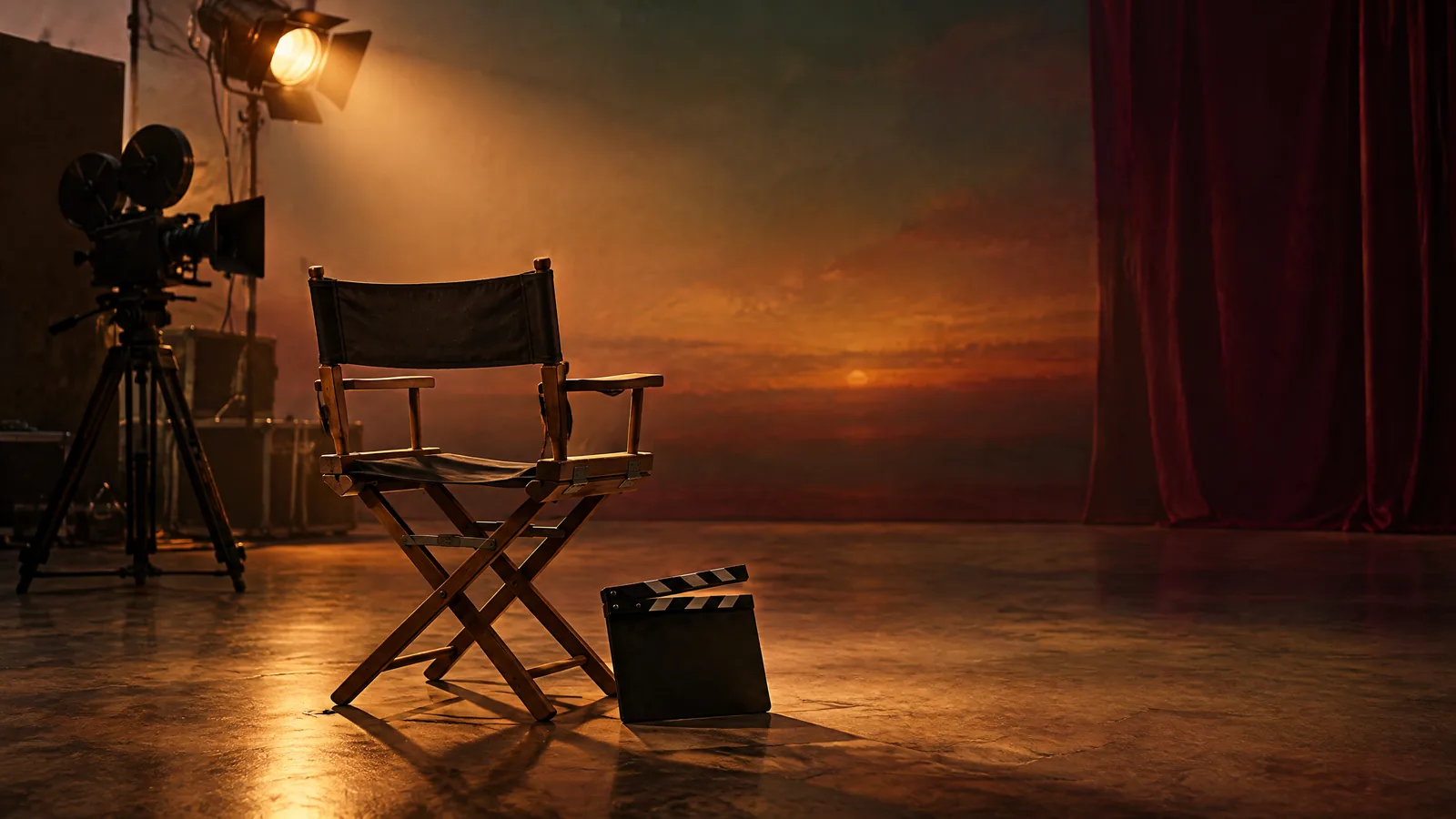 Conceptual image of an empty film set with a director’s chair and camera; not a photograph of Nana Patekar.
