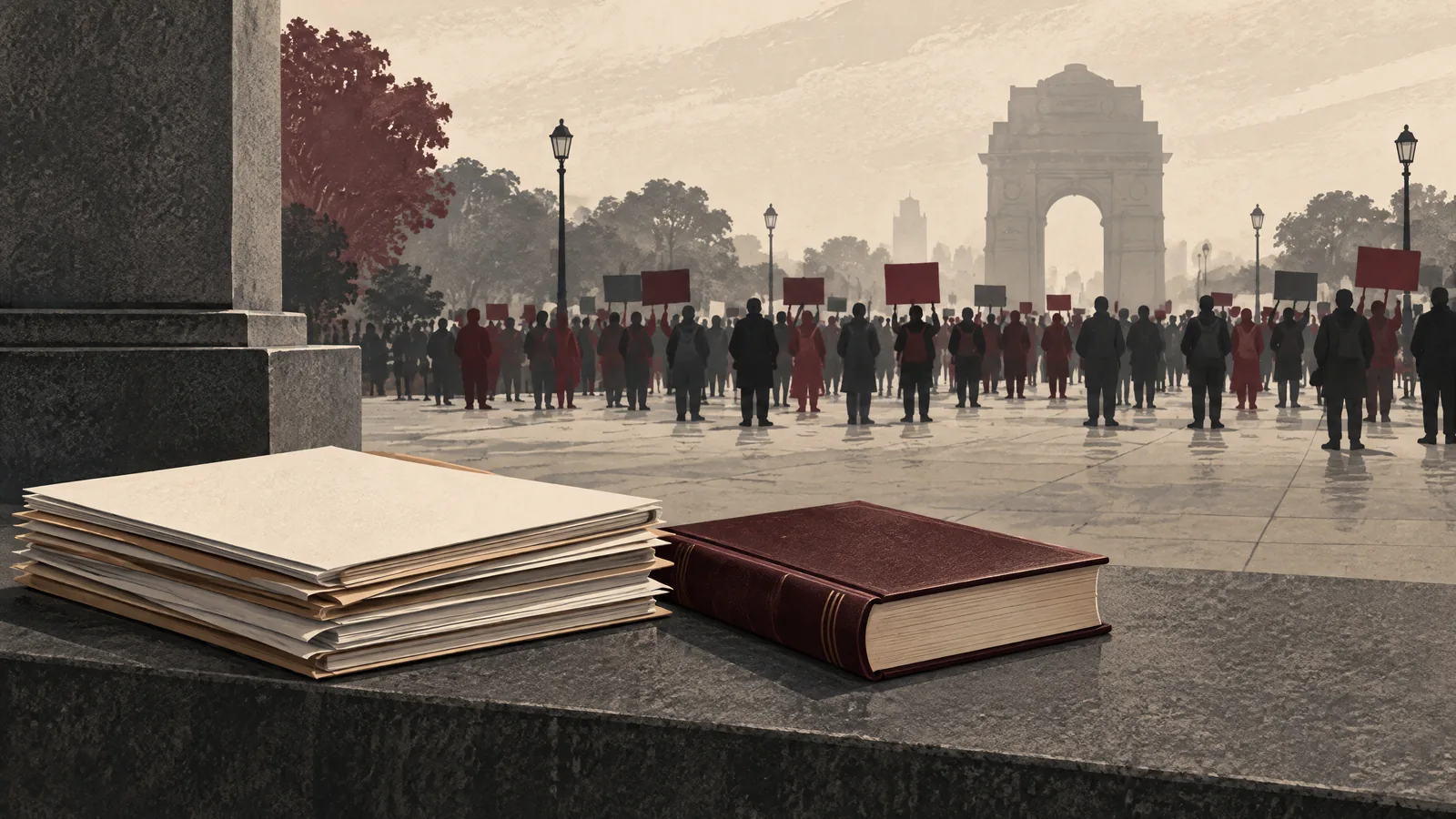 Conceptual image of case papers and a law book before an anonymous Delhi protest scene; not event photography.