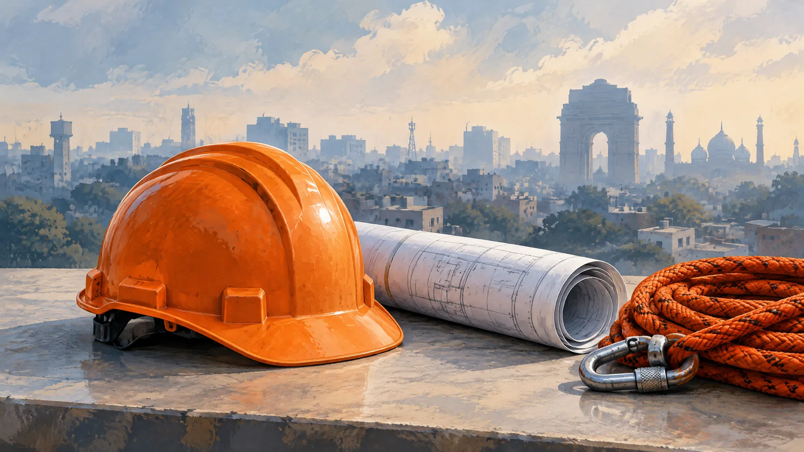 Symbolic image of a safety helmet, rescue rope and plans with a Delhi skyline; not the Seemapuri building.