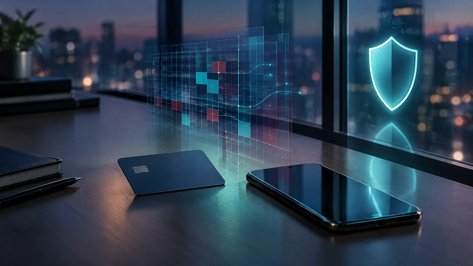 Symbolic image of a bank card, phone and cybersecurity grid; not an actual banking system or breach.