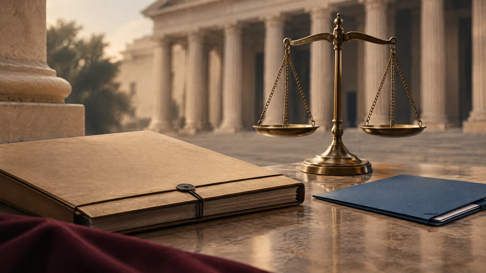 Symbolic image of a closed legal folder and balance scale; not a real court order.