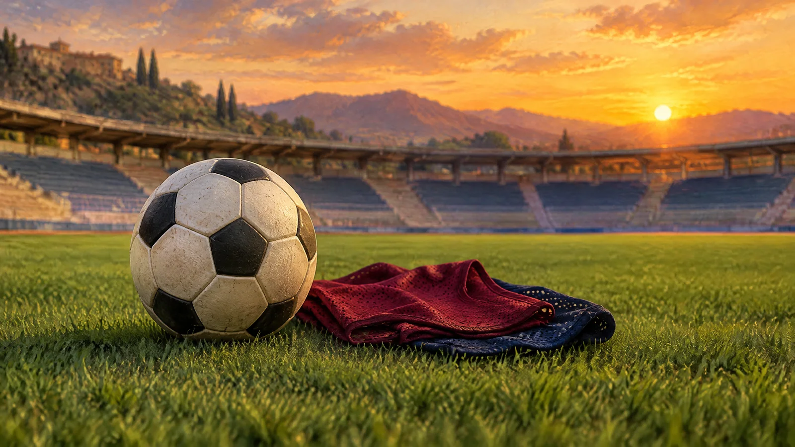 Conceptual football illustration with a ball and burgundy and navy training cloth on a pitch.
