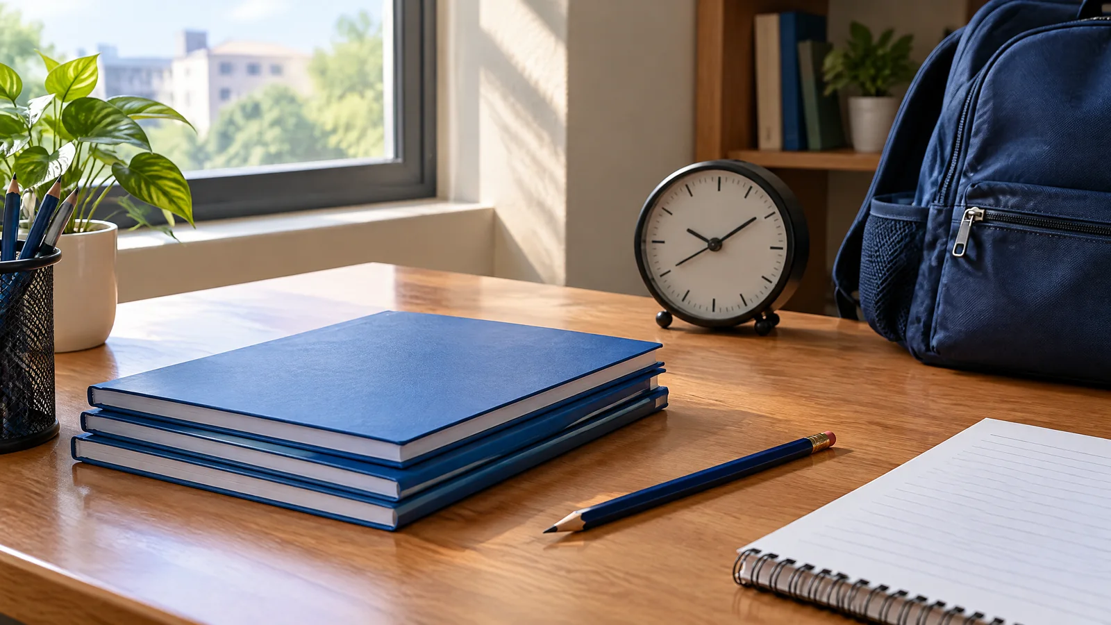 Conceptual illustration of notebooks, a pencil and a clock on a school study desk.