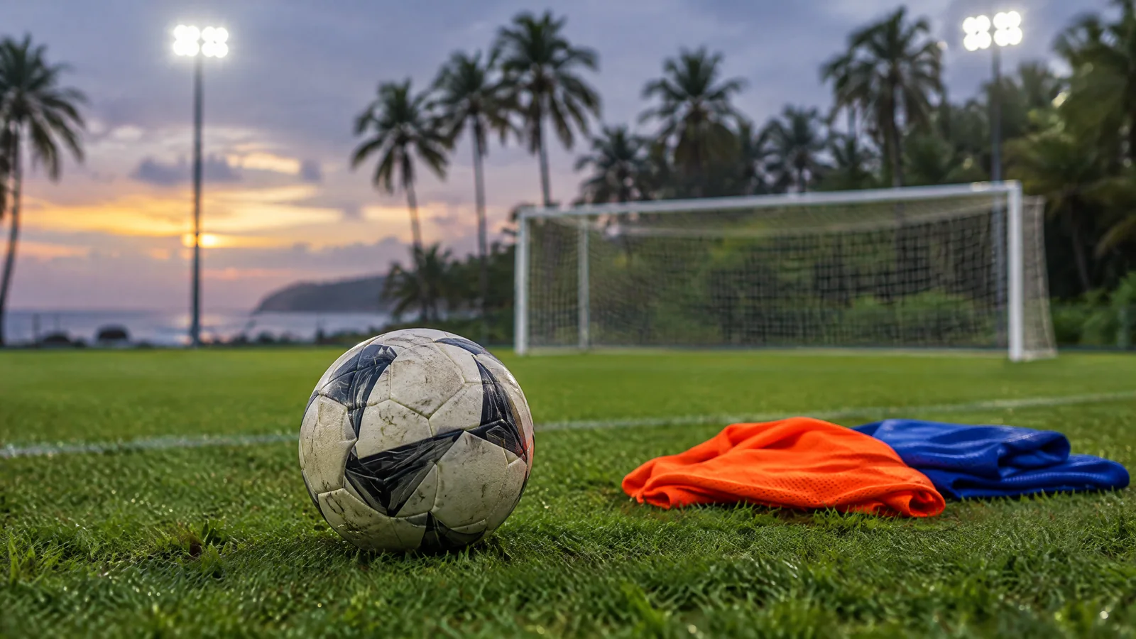 Conceptual football illustration with a ball and orange and blue training cloth near a coastal ground.
