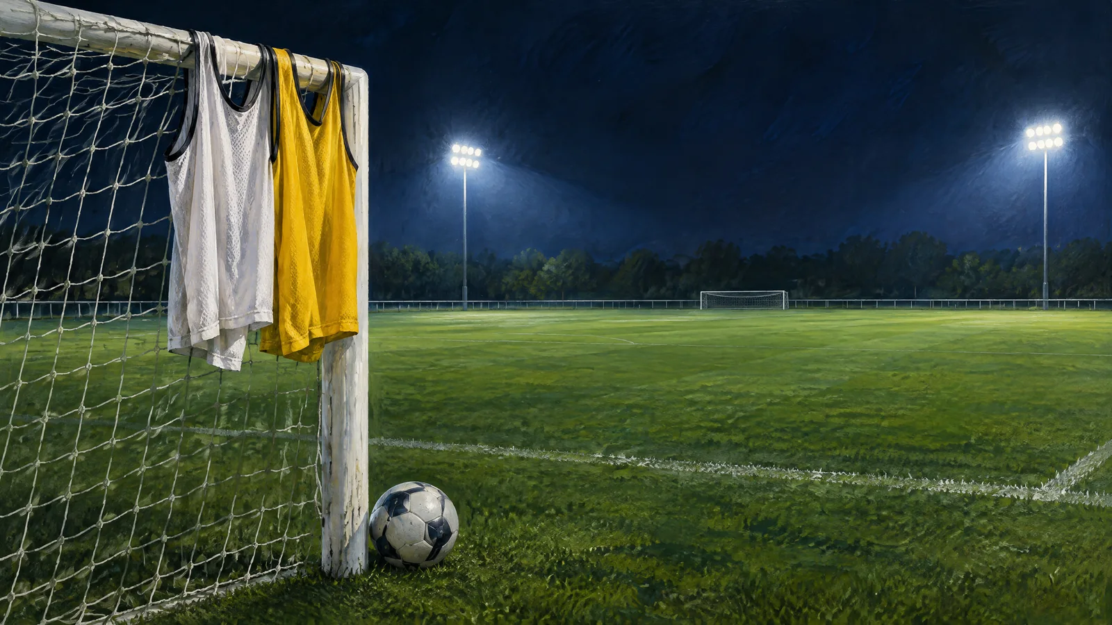 Conceptual football illustration with plain white and yellow training bibs on a goalpost.