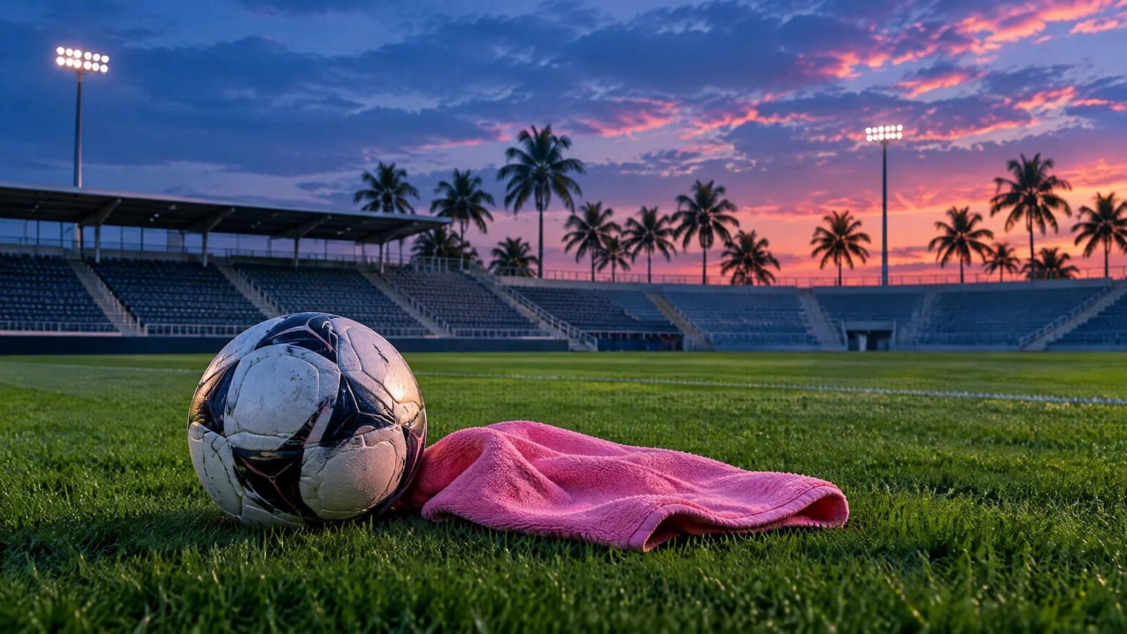 Conceptual football illustration with a ball and pink training towel against a tropical stadium.