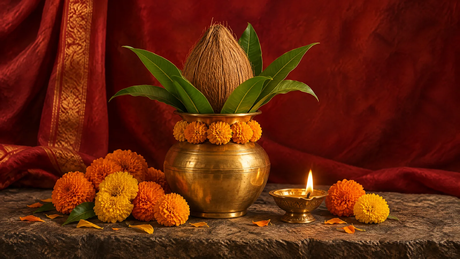 Conceptual illustration of a brass kalash, marigold flowers and a lit diya for Navratri.