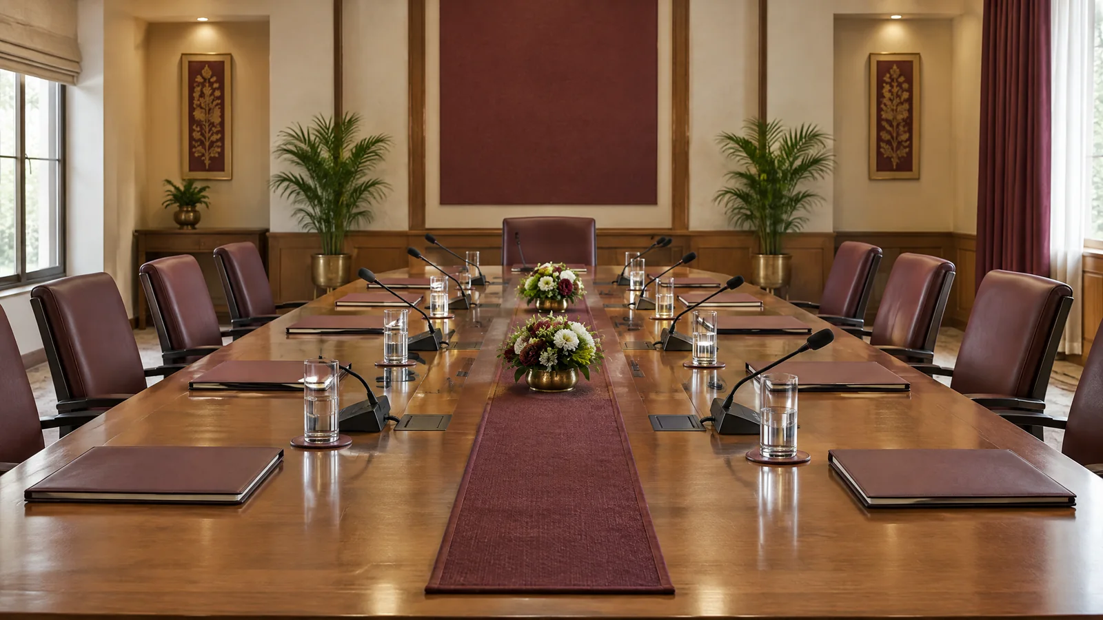Conceptual illustration of an empty consultation table with microphones and closed folders.