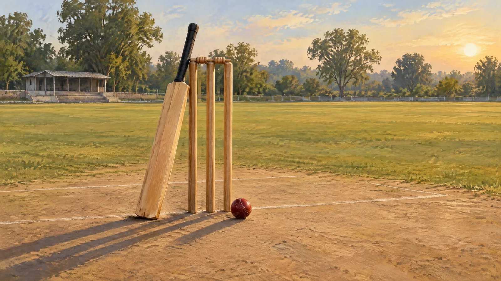 Conceptual illustration of a bat, red cricket ball and stumps on an empty domestic cricket ground.