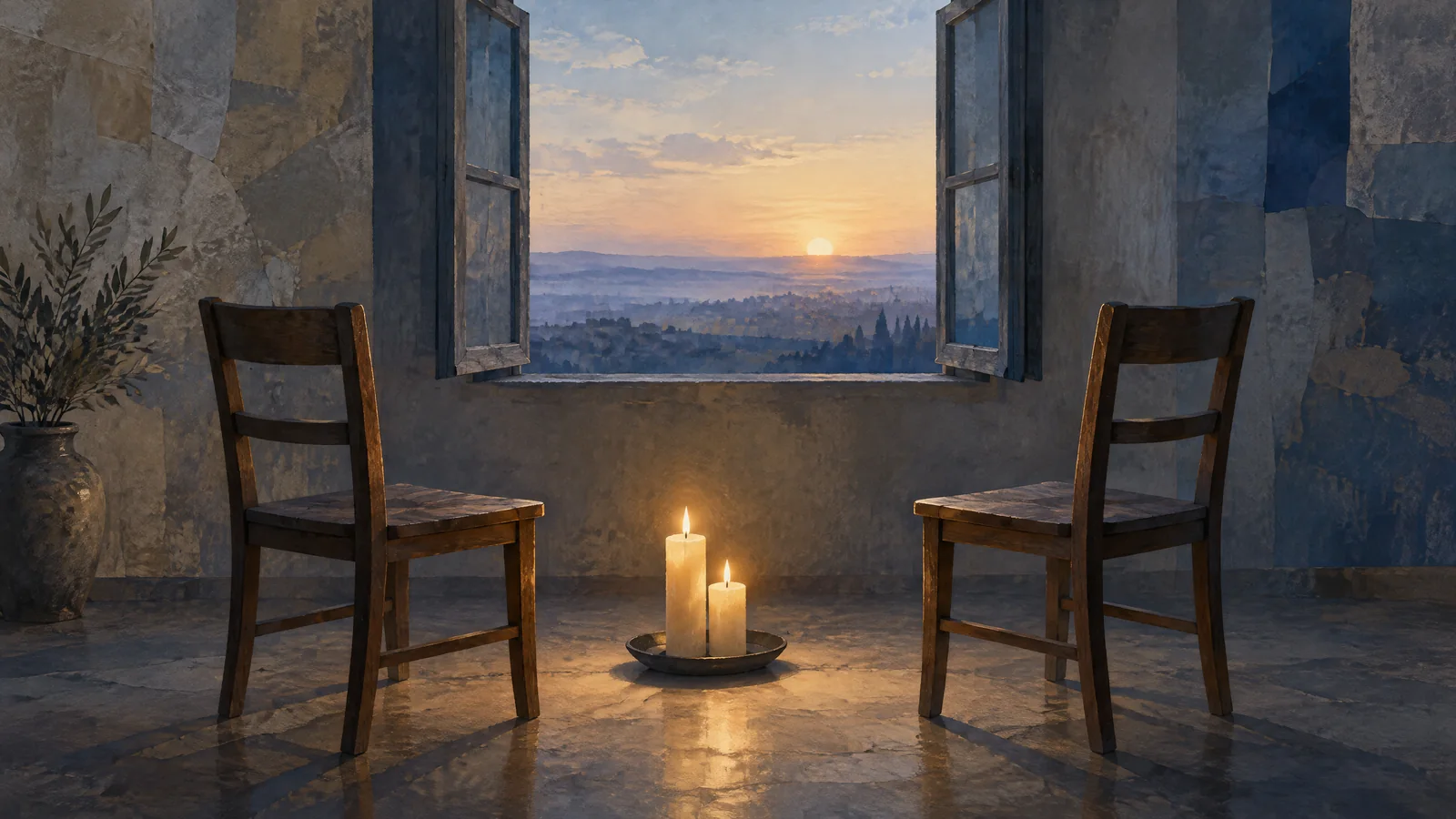Conceptual illustration of a candlelit remembrance setting; not photography of an October 7 memorial or Gaza