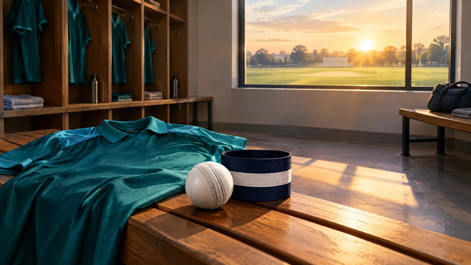 Conceptual illustration of a cricket ball, unmarked jersey and captaincy armband in an empty changing room; not a portrait of Smriti Mandhana