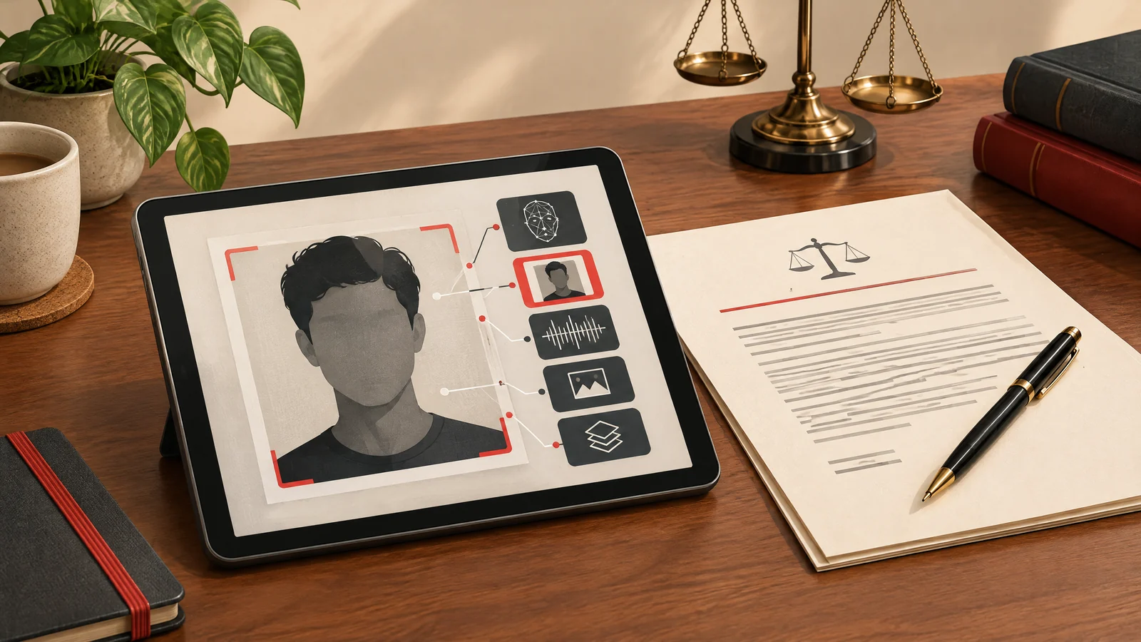 Conceptual tablet with synthetic-portrait silhouette, metadata motifs and plain policy document.