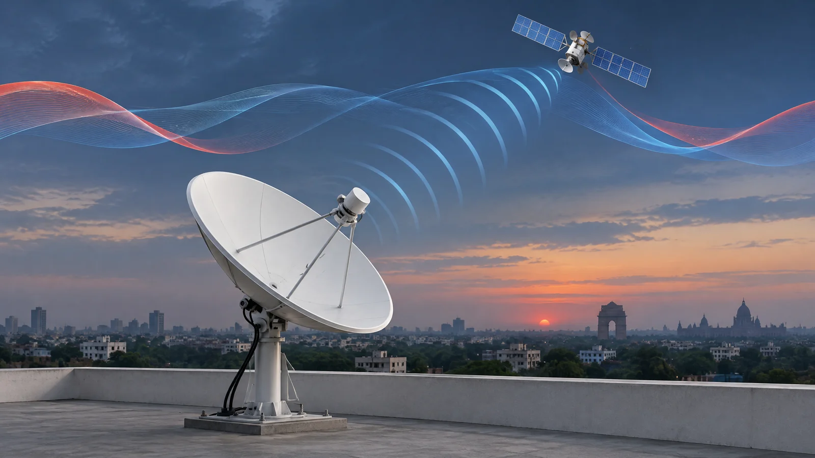 Conceptual satellite communications dish and orbiting satellite with abstract radio-wave motifs.