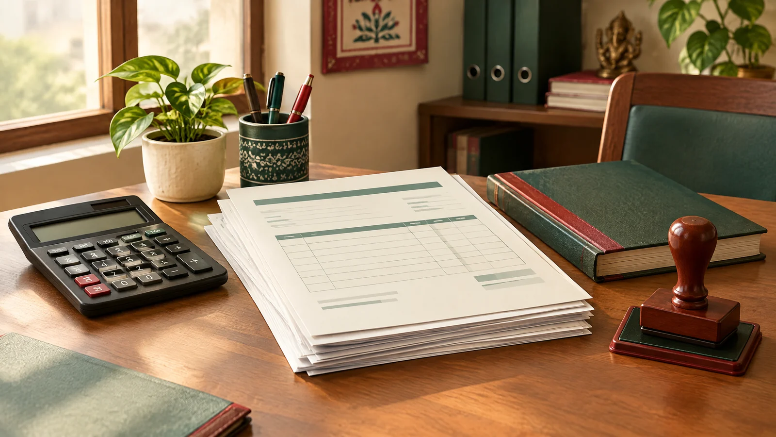 Conceptual small-business desk with generic invoices, calculator and compliance ledger.