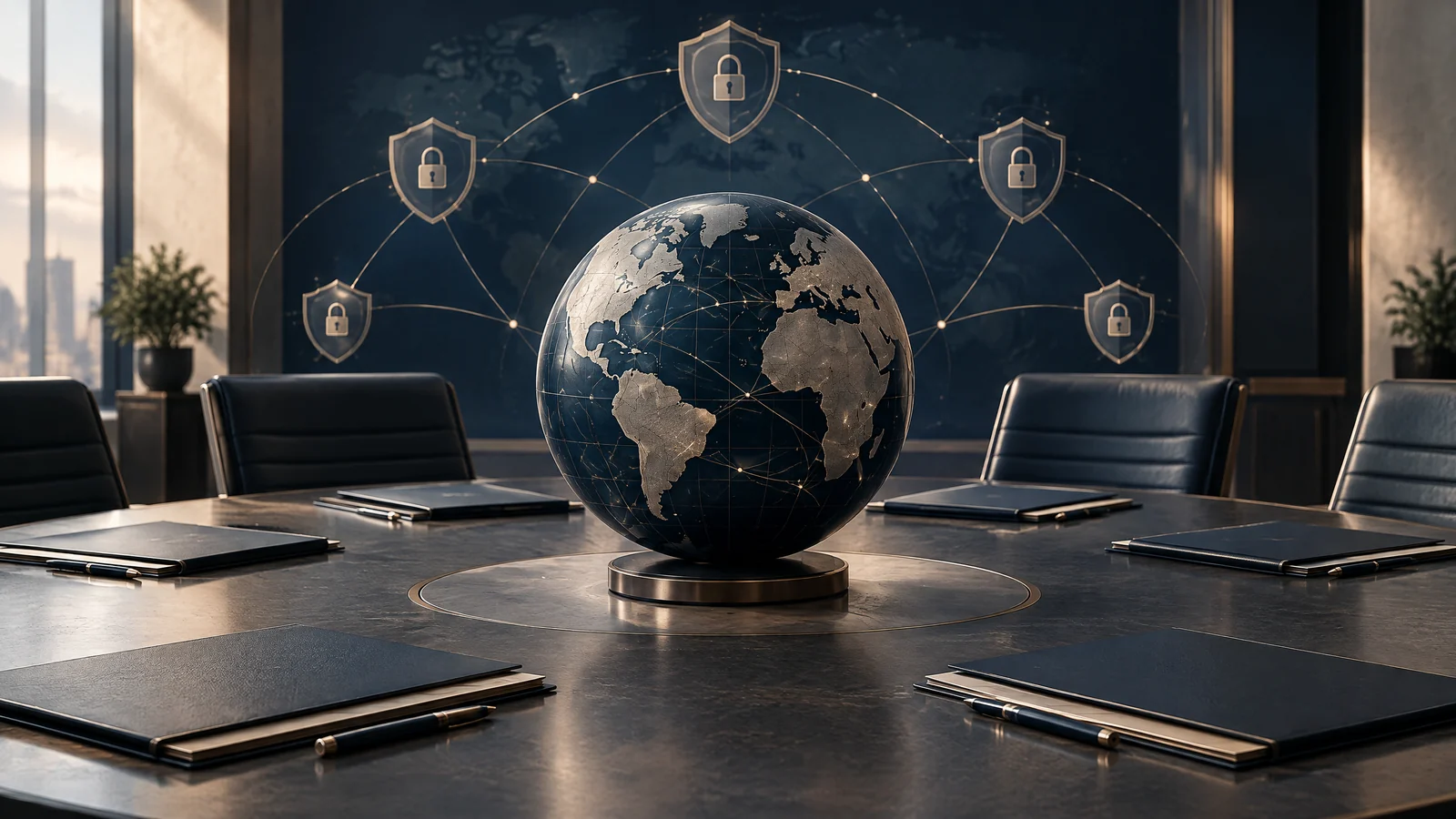 Conceptual globe and plain legal folders on an empty conference table.