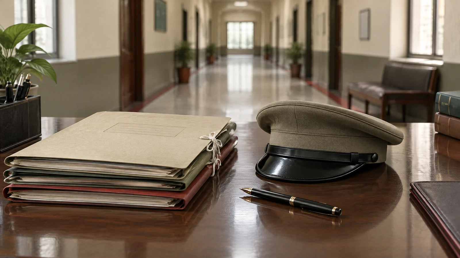 Conceptual administrative folders and an unbadged cap on a formal desk.