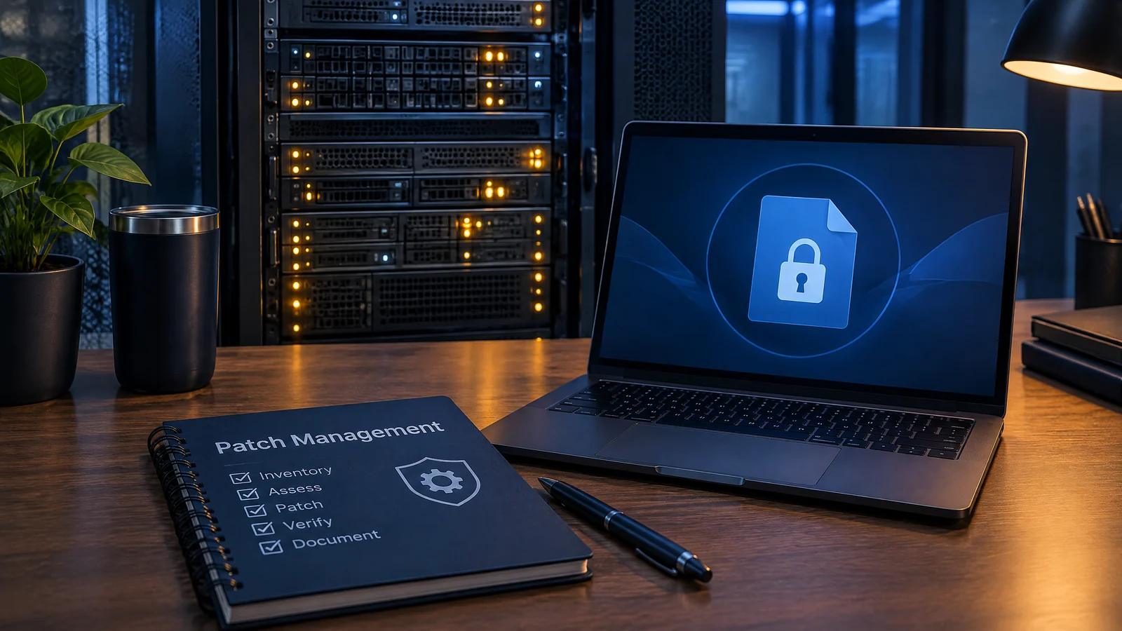Conceptual self-hosted server and maintenance laptop with a protected-file symbol.