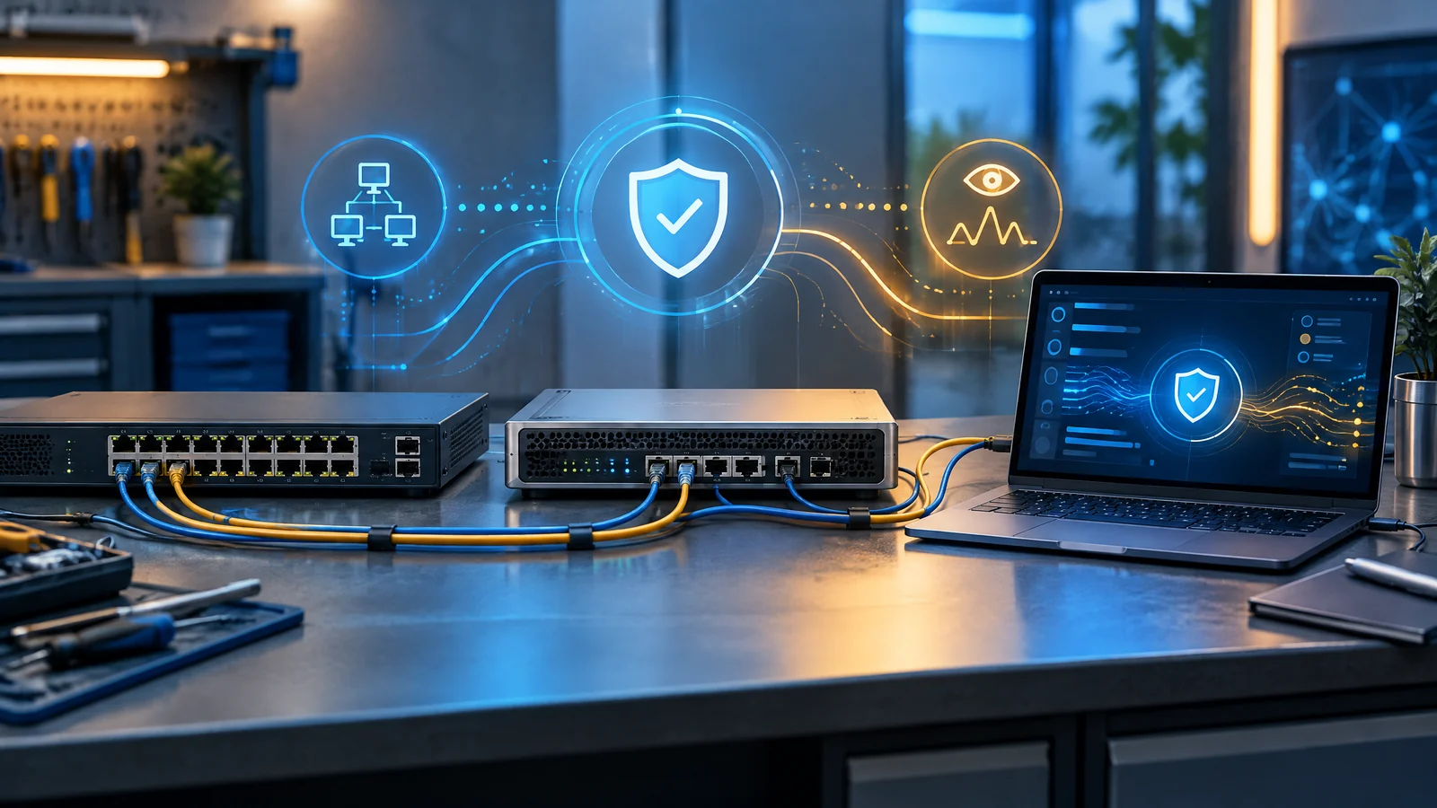 Conceptual network switch, secure gateway and observability laptop on a workbench.