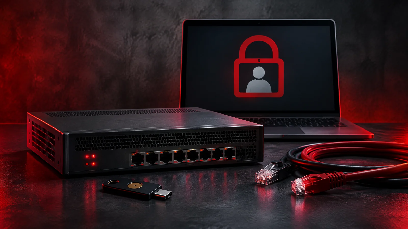 Conceptual firewall appliance and locked-account symbol beside network cables.
