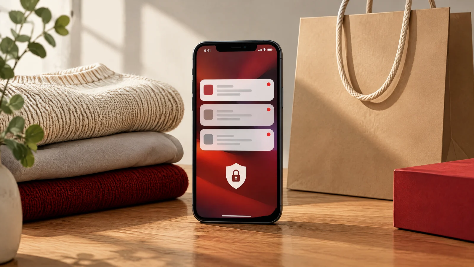 Conceptual smartphone notification shapes beside unbranded clothing and shopping bag.