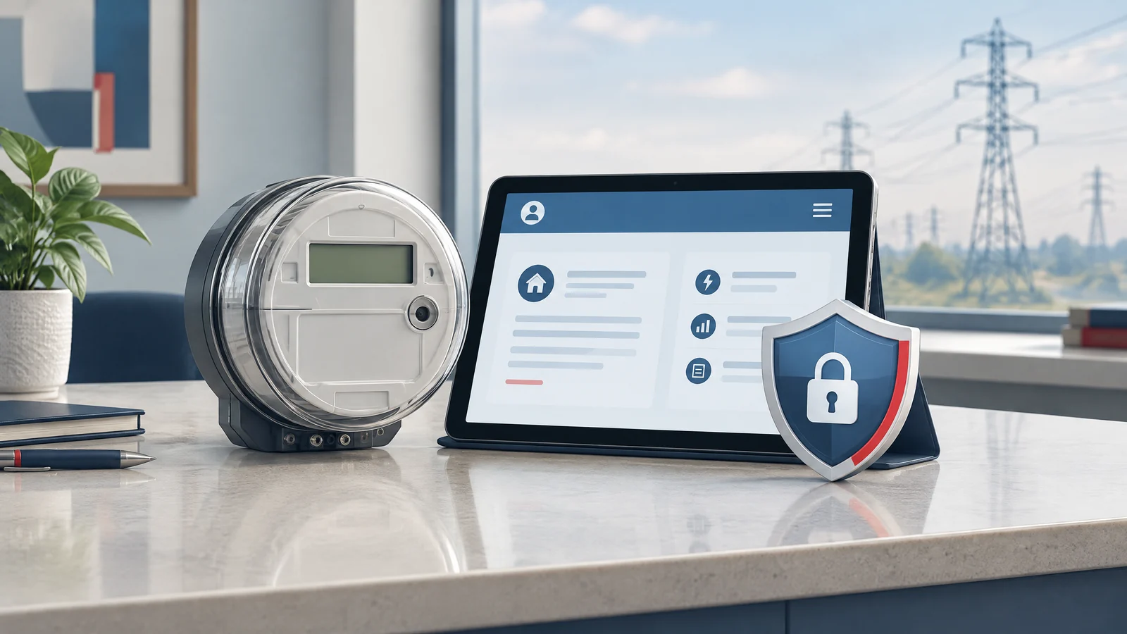 Conceptual electricity meter and tablet account-security shield.