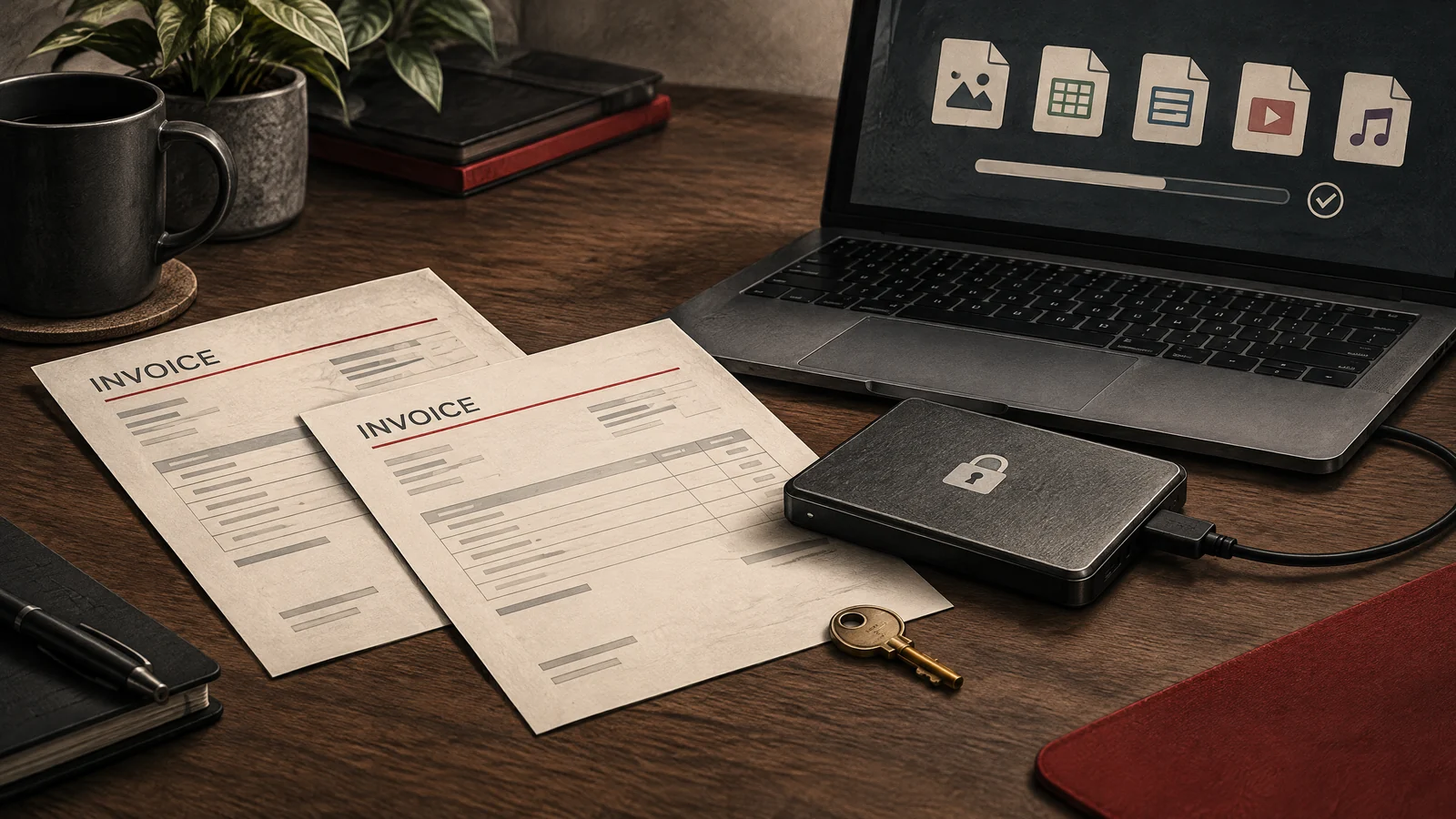 Conceptual invoices, encrypted drive and key on a cybersecurity desk.