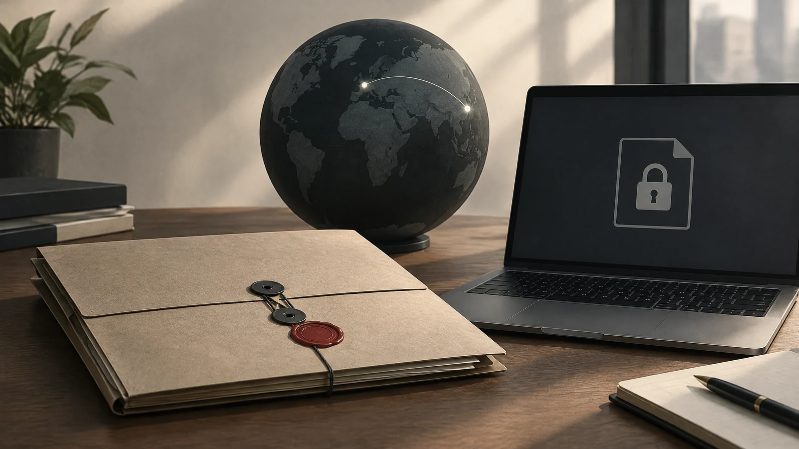Conceptual case folder, protected-file laptop and globe representing cross-border investigation.