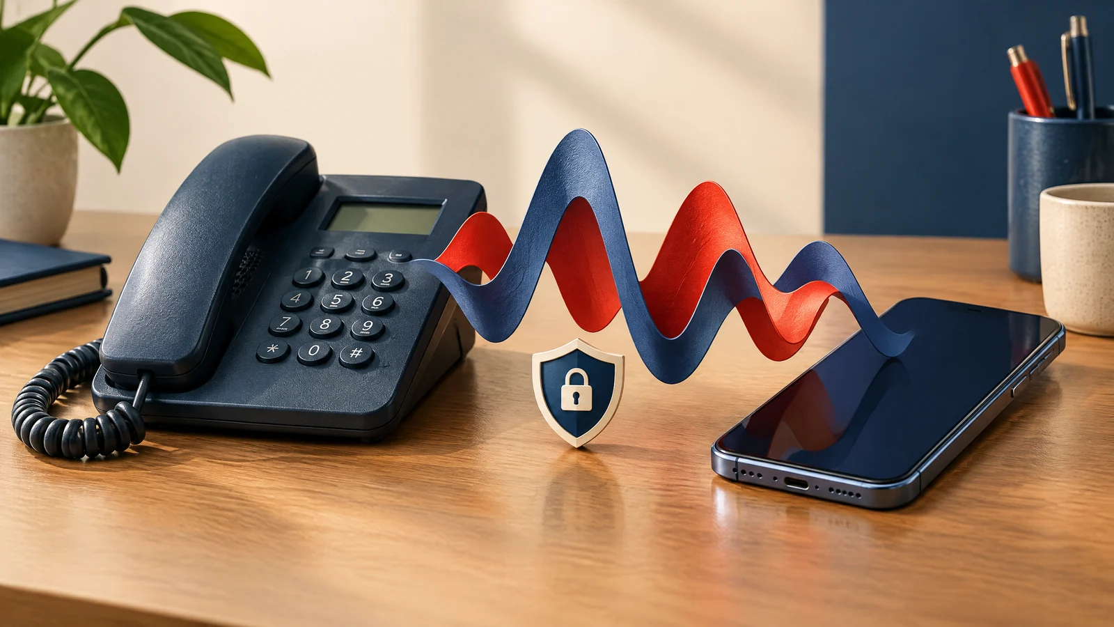 Conceptual telephone and abstract audio-wave motif representing voice-cloning risk.