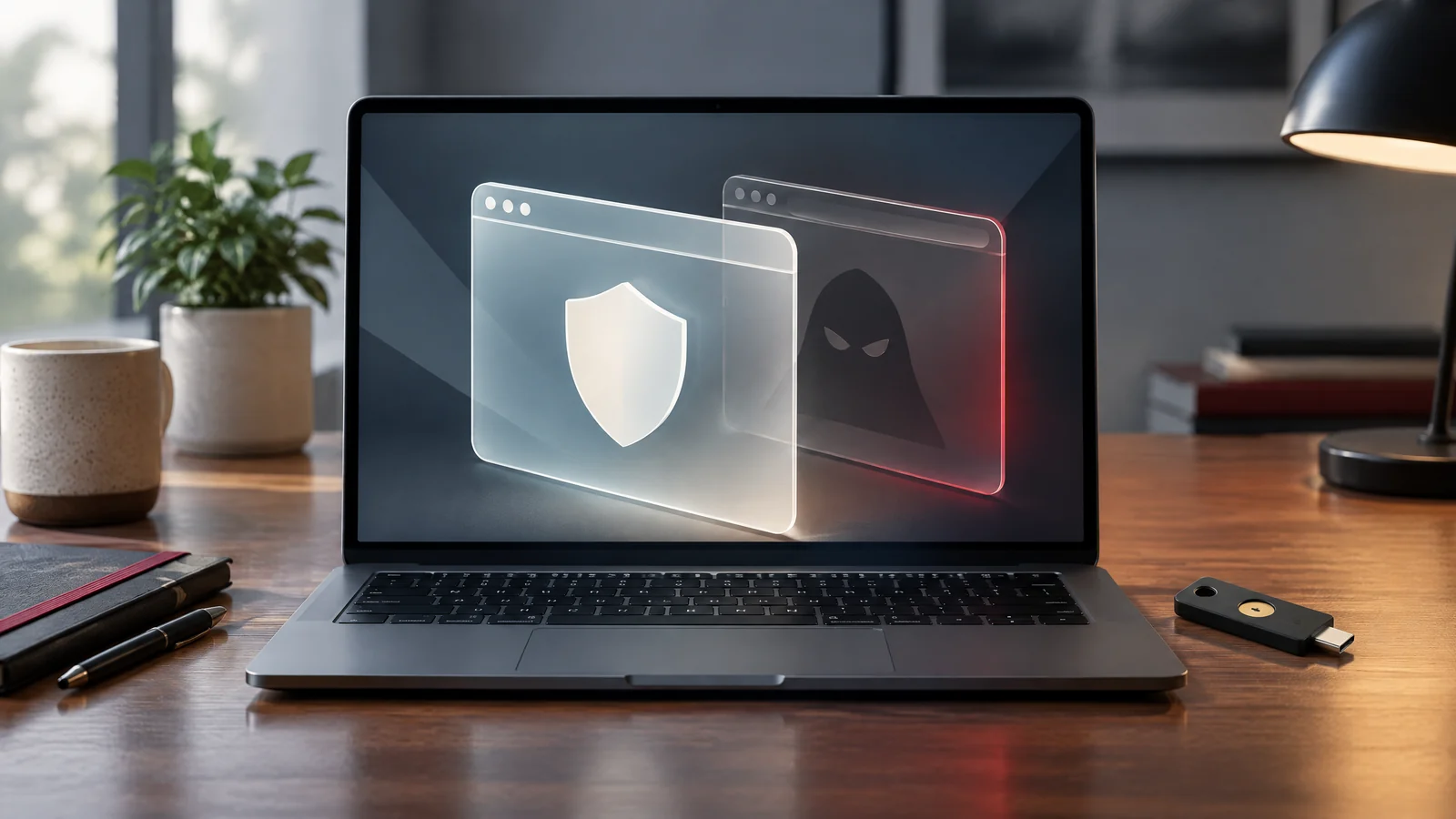 Conceptual layered browser panes, protective shield and security key.
