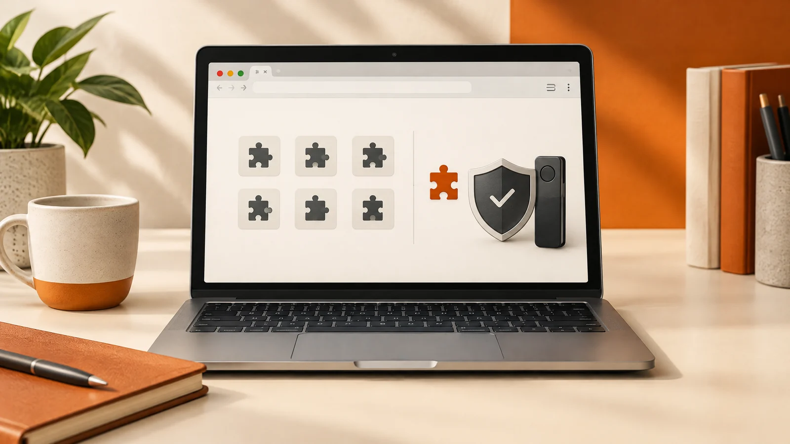 Conceptual browser add-on puzzle symbols and protected security device.